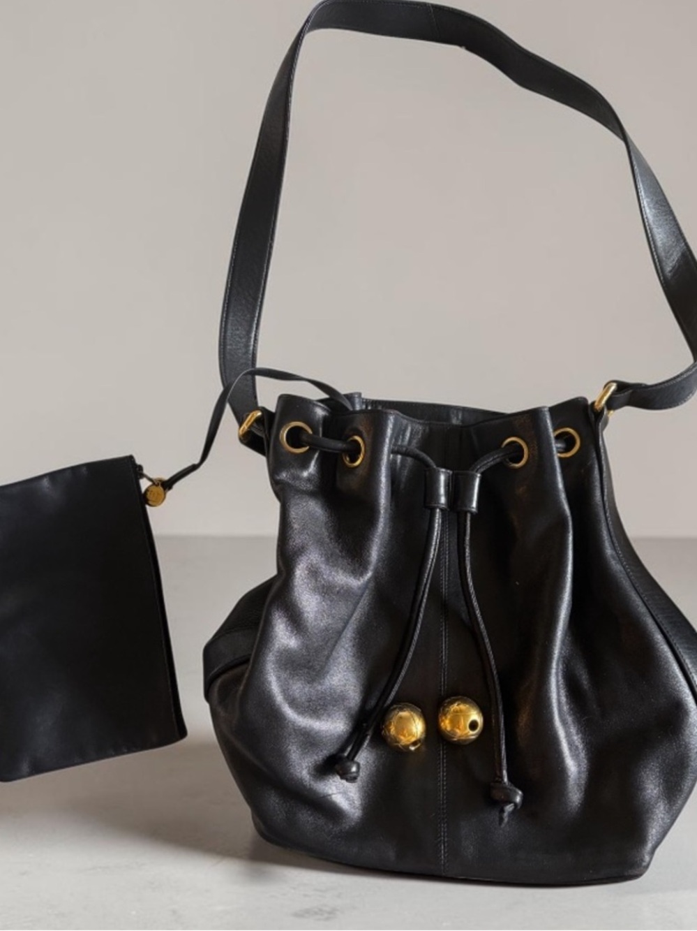 Chanel vintage 80’s Black double C stitched Drawstring Bucket Bag